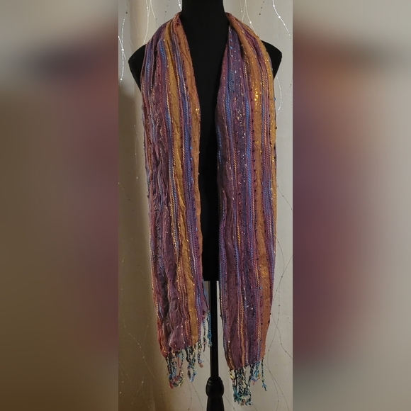 ANU Boho Metallic Striped 100% Cotton Fringe Scarf 72"x18" - Picture 2 of 8